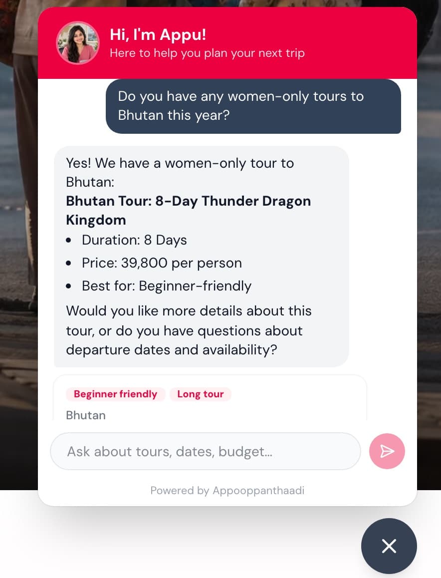 Appu chat: asked about women-only tours to Bhutan, it replies with the 8-day Thunder Dragon Kingdom tour at 39,800 per person — the same figures as the tour page.