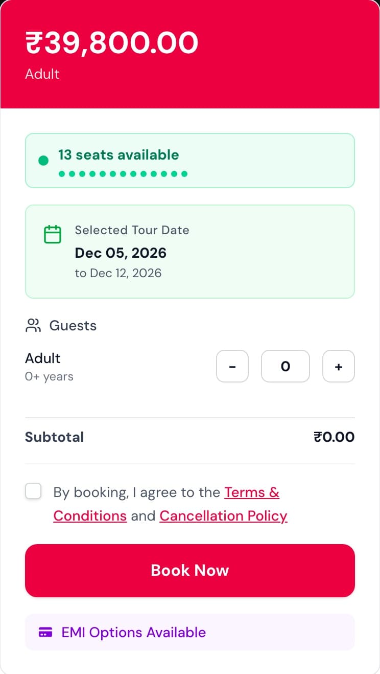 Booking card for the Bhutan tour: ₹39,800 per adult, 13 seats available, the selected Dec 5–12 date, a guest counter, subtotal, Book Now and EMI options.