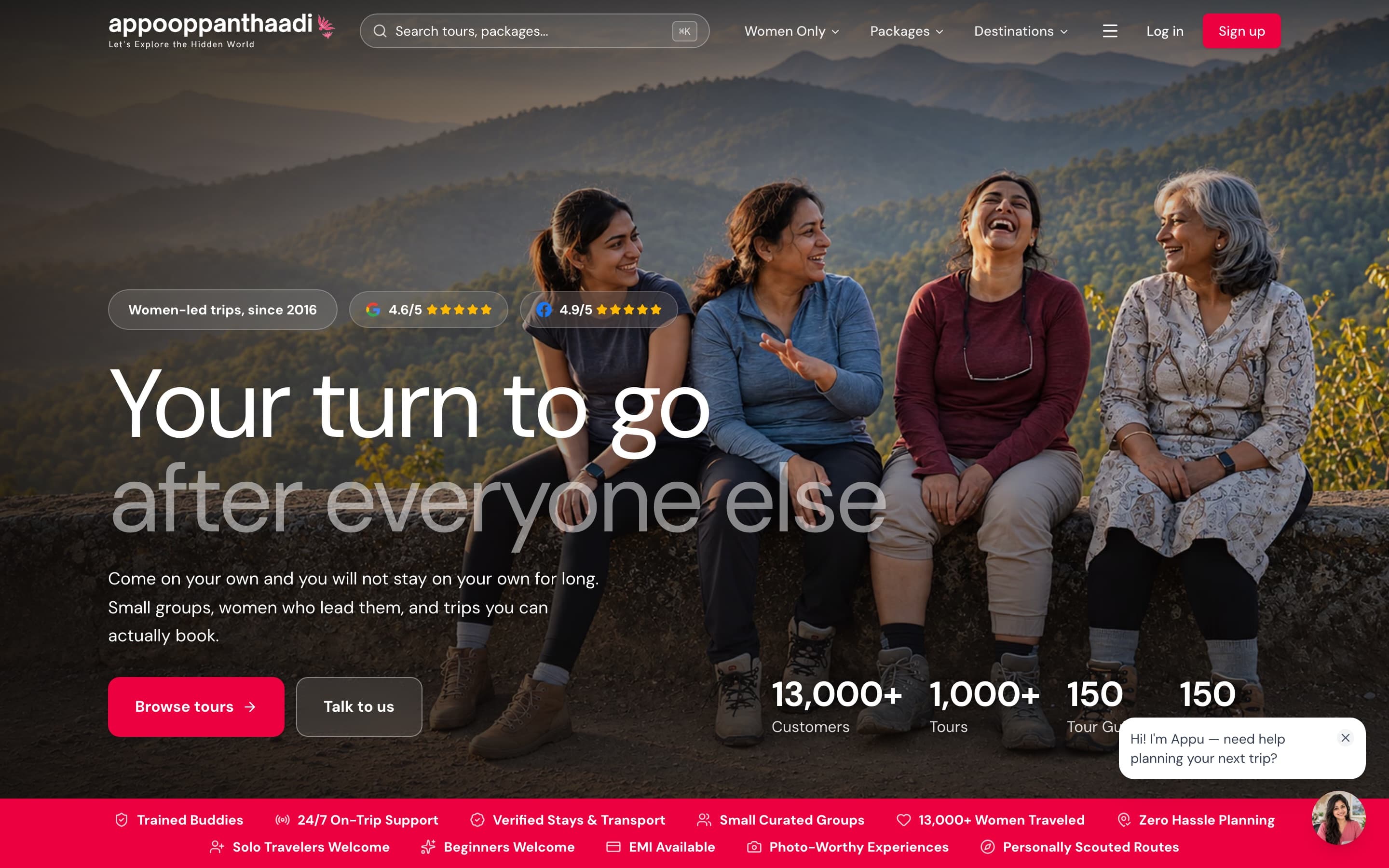 Appooppanthaadi homepage: a women-led group on a hillside under the headline “Your turn to go after everyone else”, with ratings and trip counts.